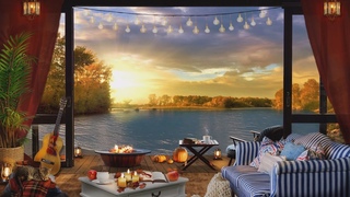 Fall Ambience | Cozy Cabin Porch with Relaxing Campfire | Autumn Lake Ambience